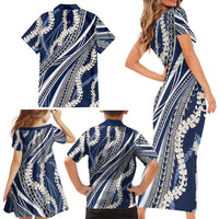 Polynesian Puakeniken Pikake Twisted Lei Family Matching Short Sleeve Bodycon Dress and Hawaiian Shirt Navy Blue - Polynesian Pride