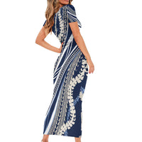 Polynesian Puakeniken Pikake Twisted Lei Family Matching Short Sleeve Bodycon Dress and Hawaiian Shirt Navy Blue - Polynesian Pride