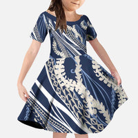 Polynesian Puakeniken Pikake Twisted Lei Family Matching Summer Maxi Dress and Hawaiian Shirt Navy Blue - Polynesian Pride