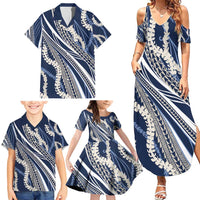 Polynesian Puakeniken Pikake Twisted Lei Family Matching Summer Maxi Dress and Hawaiian Shirt Navy Blue - Polynesian Pride