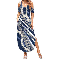 Polynesian Puakeniken Pikake Twisted Lei Family Matching Summer Maxi Dress and Hawaiian Shirt Navy Blue - Polynesian Pride