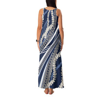 Polynesian Puakeniken Pikake Twisted Lei Family Matching Tank Maxi Dress and Hawaiian Shirt Navy Blue - Polynesian Pride