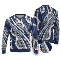 Polynesian Puakeniken Pikake Twisted Lei Ugly Christmas Sweater Navy Blue - Polynesian Pride