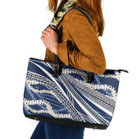 Polynesian Puakeniken Pikake Twisted Lei Leather Tote Bag Navy Blue - Polynesian Pride