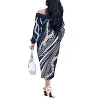 Polynesian Puakeniken Pikake Twisted Lei Off The Shoulder Long Sleeve Dress Navy Blue LT7 - Polynesian Pride