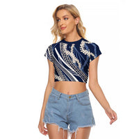 Polynesian Puakeniken Pikake Twisted Lei Raglan Cropped T Shirt Navy Blue LT7 Female Navy Blue - Polynesian Pride