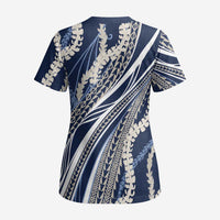 Polynesian Puakeniken Pikake Twisted Lei Scrub Top Navy Blue LT7 - Polynesian Pride