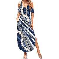 Polynesian Puakeniken Pikake Twisted Lei Summer Maxi Dress Navy Blue LT7 Women Navy Blue - Polynesian Pride