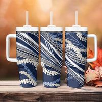 Polynesian Puakeniken Pikake Twisted Lei Tumbler With Handle Navy Blue LT7 - Polynesian Pride