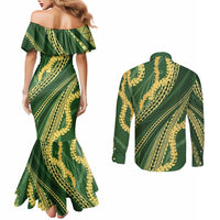 Polynesian Puakeniken Pikake Twisted Lei Couples Matching Mermaid Dress and Long Sleeve Button Shirt Emerald LT7 - Polynesian Pride
