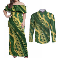 Polynesian Puakeniken Pikake Twisted Lei Couples Matching Off Shoulder Maxi Dress and Long Sleeve Button Shirt Emerald LT7 Emerald - Polynesian Pride