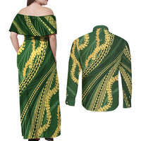 Polynesian Puakeniken Pikake Twisted Lei Couples Matching Off Shoulder Maxi Dress and Long Sleeve Button Shirt Emerald LT7 - Polynesian Pride