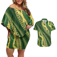 Polynesian Puakeniken Pikake Twisted Lei Couples Matching Off Shoulder Short Dress and Hawaiian Shirt Emerald - Polynesian Pride