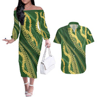 Polynesian Puakeniken Pikake Twisted Lei Couples Matching Off The Shoulder Long Sleeve Dress and Hawaiian Shirt Emerald - Polynesian Pride