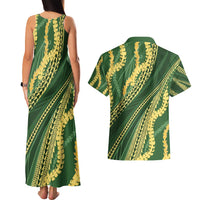 Polynesian Puakeniken Pikake Twisted Lei Couples Matching Tank Maxi Dress and Hawaiian Shirt Emerald - Polynesian Pride