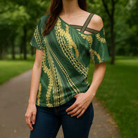 Polynesian Puakeniken Pikake Twisted Lei Cross Shoulder Shirt Emerald LT7 - Polynesian Pride
