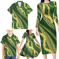 Polynesian Puakeniken Pikake Twisted Lei Family Matching Long Sleeve Bodycon Dress and Hawaiian Shirt Emerald - Polynesian Pride