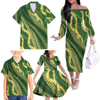 Polynesian Puakeniken Pikake Twisted Lei Family Matching Off The Shoulder Long Sleeve Dress and Hawaiian Shirt Emerald - Polynesian Pride