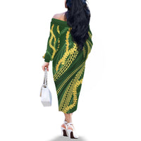 Polynesian Puakeniken Pikake Twisted Lei Family Matching Off The Shoulder Long Sleeve Dress and Hawaiian Shirt Emerald - Polynesian Pride