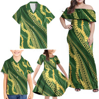 Polynesian Puakeniken Pikake Twisted Lei Family Matching Off Shoulder Maxi Dress and Hawaiian Shirt Emerald - Polynesian Pride