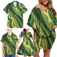 Polynesian Puakeniken Pikake Twisted Lei Family Matching Off Shoulder Short Dress and Hawaiian Shirt Emerald - Polynesian Pride