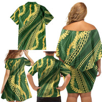 Polynesian Puakeniken Pikake Twisted Lei Family Matching Off Shoulder Short Dress and Hawaiian Shirt Emerald - Polynesian Pride