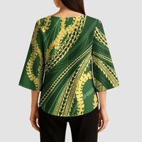 Polynesian Puakeniken Pikake Twisted Lei Kimono Sleeve Blouse Emerald LT7 - Polynesian Pride