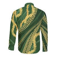 Polynesian Puakeniken Pikake Twisted Lei Long Sleeve Button Shirt Emerald LT7 - Polynesian Pride