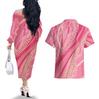 Polynesian Puakeniken Pikake Twisted Lei Couples Matching Off The Shoulder Long Sleeve Dress and Hawaiian Shirt Rose Pink - Polynesian Pride