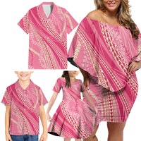 Polynesian Puakeniken Pikake Twisted Lei Family Matching Off Shoulder Short Dress and Hawaiian Shirt Rose Pink - Polynesian Pride