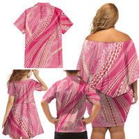 Polynesian Puakeniken Pikake Twisted Lei Family Matching Off Shoulder Short Dress and Hawaiian Shirt Rose Pink - Polynesian Pride