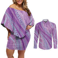 Polynesian Puakeniken Pikake Twisted Lei Couples Matching Off Shoulder Short Dress and Long Sleeve Button Shirt Amethys LT7 Amethys - Polynesian Pride