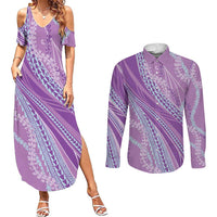 Polynesian Puakeniken Pikake Twisted Lei Couples Matching Summer Maxi Dress and Long Sleeve Button Shirt Amethys LT7 Amethys - Polynesian Pride