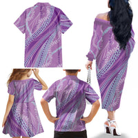 Polynesian Puakeniken Pikake Twisted Lei Family Matching Off The Shoulder Long Sleeve Dress and Hawaiian Shirt Amethys - Polynesian Pride