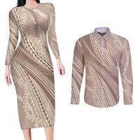 Polynesian Puakeniken Pikake Twisted Lei Couples Matching Long Sleeve Bodycon Dress and Long Sleeve Button Shirt Beige - Polynesian Pride