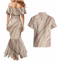 Polynesian Puakeniken Pikake Twisted Lei Couples Matching Mermaid Dress and Hawaiian Shirt Beige - Polynesian Pride