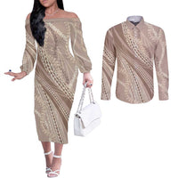 Polynesian Puakeniken Pikake Twisted Lei Couples Matching Off The Shoulder Long Sleeve Dress and Long Sleeve Button Shirt Beige - Polynesian Pride