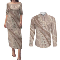 Polynesian Puakeniken Pikake Twisted Lei Couples Matching Puletasi and Long Sleeve Button Shirt Beige LT7 Beige - Polynesian Pride