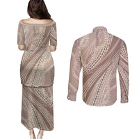 Polynesian Puakeniken Pikake Twisted Lei Couples Matching Puletasi and Long Sleeve Button Shirt Beige - Polynesian Pride