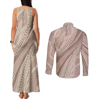 Polynesian Puakeniken Pikake Twisted Lei Couples Matching Tank Maxi Dress and Long Sleeve Button Shirt Beige - Polynesian Pride