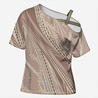 Polynesian Puakeniken Pikake Twisted Lei Cross Shoulder Shirt Beige LT7 Female Beige - Polynesian Pride