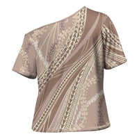 Polynesian Puakeniken Pikake Twisted Lei Cross Shoulder Shirt Beige - Polynesian Pride