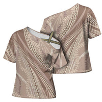 Polynesian Puakeniken Pikake Twisted Lei Cross Shoulder Shirt Beige - Polynesian Pride