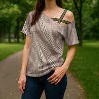 Polynesian Puakeniken Pikake Twisted Lei Cross Shoulder Shirt Beige - Polynesian Pride