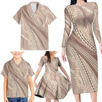 Polynesian Puakeniken Pikake Twisted Lei Family Matching Long Sleeve Bodycon Dress and Hawaiian Shirt Beige - Polynesian Pride