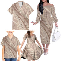 Polynesian Puakeniken Pikake Twisted Lei Family Matching Off The Shoulder Long Sleeve Dress and Hawaiian Shirt Beige - Polynesian Pride