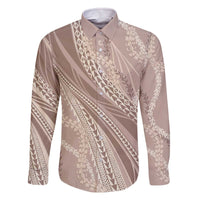 Polynesian Puakeniken Pikake Twisted Lei Family Matching Off The Shoulder Long Sleeve Dress and Hawaiian Shirt Beige - Polynesian Pride