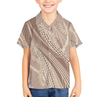 Polynesian Puakeniken Pikake Twisted Lei Family Matching Off The Shoulder Long Sleeve Dress and Hawaiian Shirt Beige - Polynesian Pride