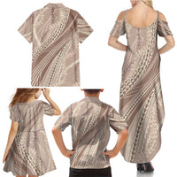 Polynesian Puakeniken Pikake Twisted Lei Family Matching Summer Maxi Dress and Hawaiian Shirt Beige - Polynesian Pride