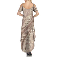 Polynesian Puakeniken Pikake Twisted Lei Family Matching Summer Maxi Dress and Hawaiian Shirt Beige - Polynesian Pride